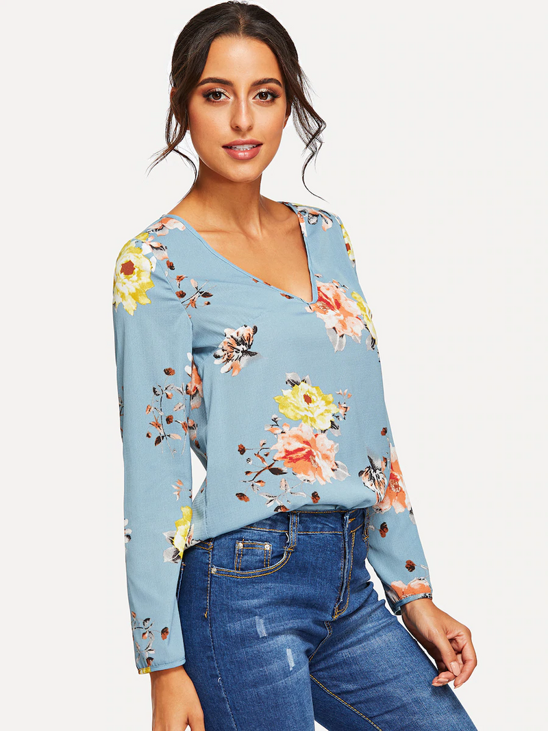 Doren V Neck Floral Print Top