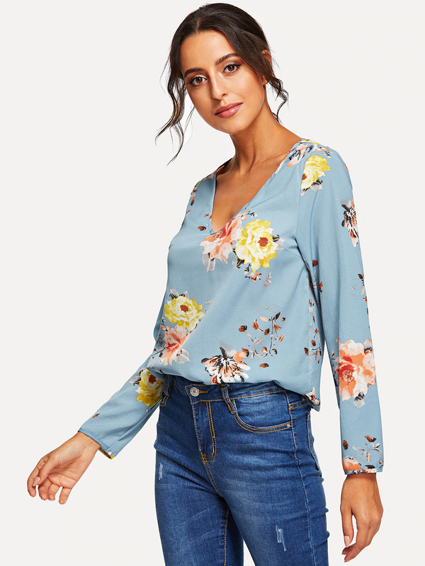 Doren V Neck Floral Print Top