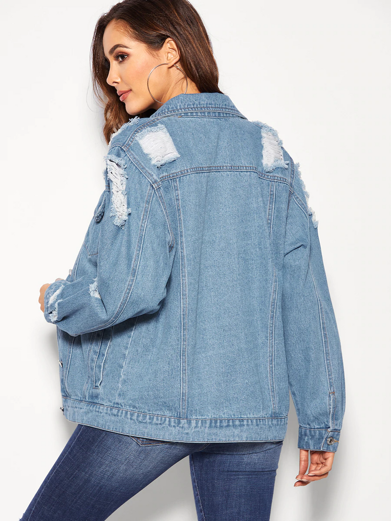 Ripped Single Breasted Denim Jacket