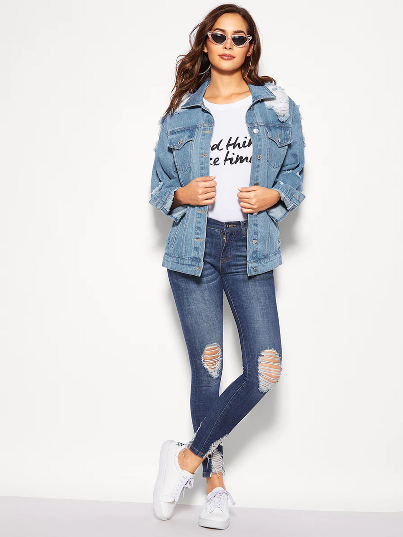 Ripped Single Breasted Denim Jacket