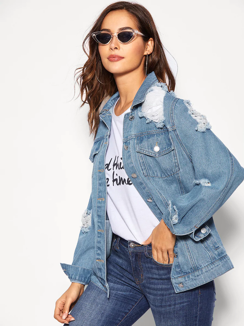 Ripped Single Breasted Denim Jacket