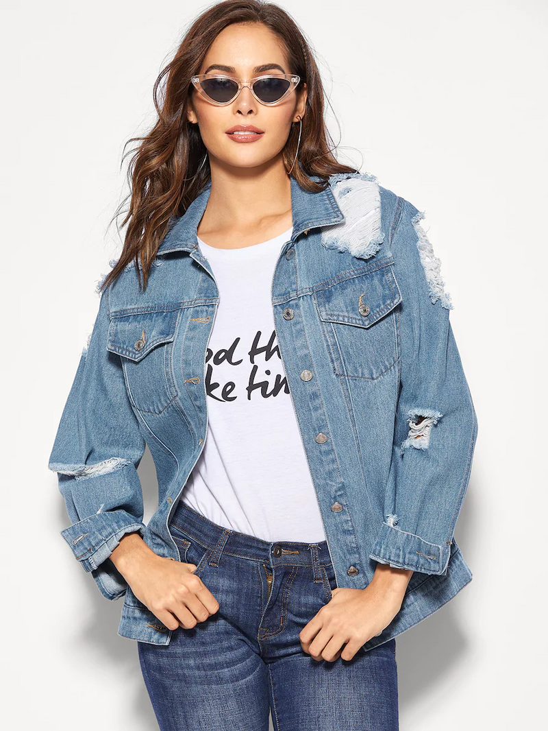 Ripped Single Breasted Denim Jacket