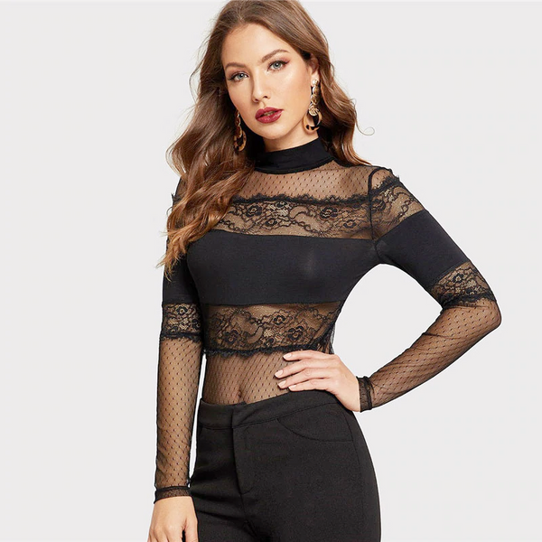 Doren Mock-Neck Lace Insert Sheer Mesh Top