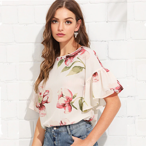 Doren Ruffle Sleeve Keyhole Back Floral Top