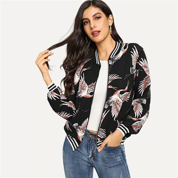 Doren Crane Print Stripe Trim Bomber Jacket