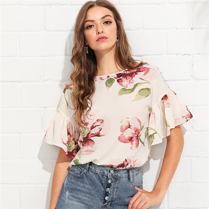 Doren Ruffle Sleeve Keyhole Back Floral Top