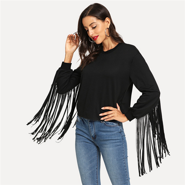 Doren Fringe Embellished Solid Sweatshirt