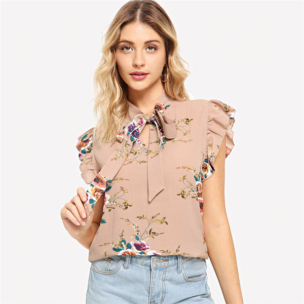 Doren Flounce Shoulder Tied Neck Floral Blouse