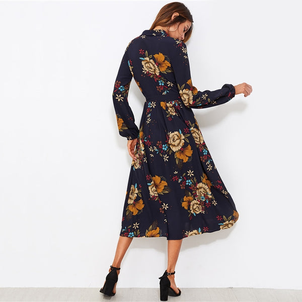 Doren Button Through Self Tie Floral Shirt Dress