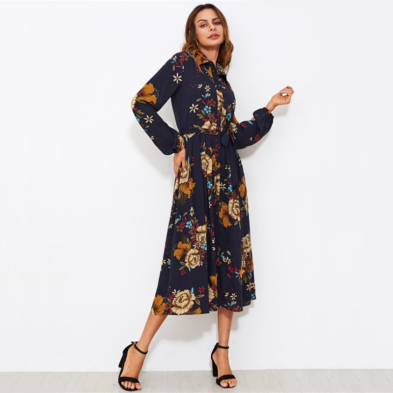 Doren Button Through Self Tie Floral Shirt Dress