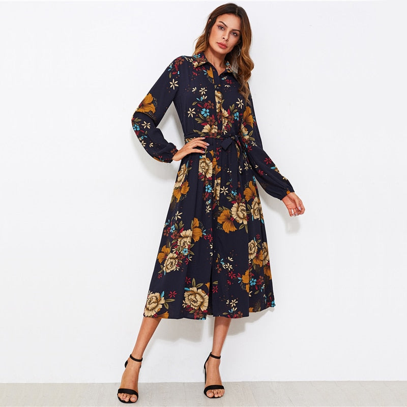 Doren Button Through Self Tie Floral Shirt Dress