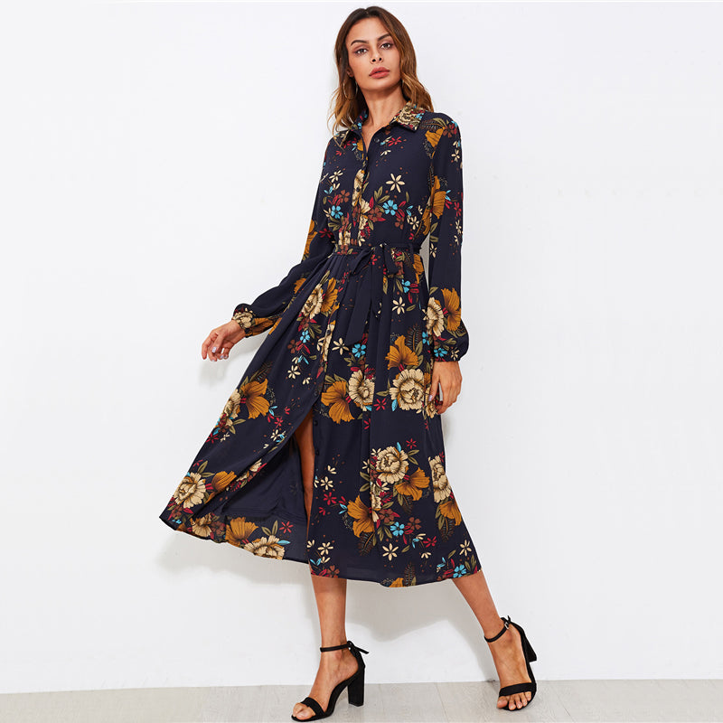 Doren Button Through Self Tie Floral Shirt Dress