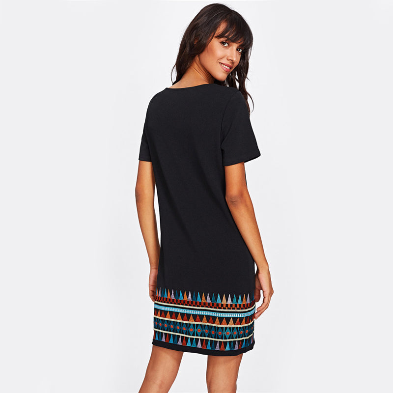 Doren Aztec Embroidered Hem Dress