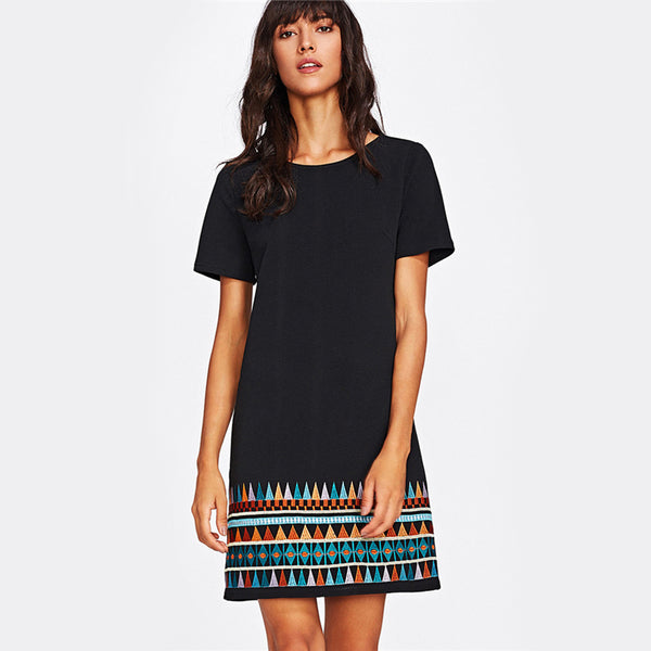 Doren Aztec Embroidered Hem Dress