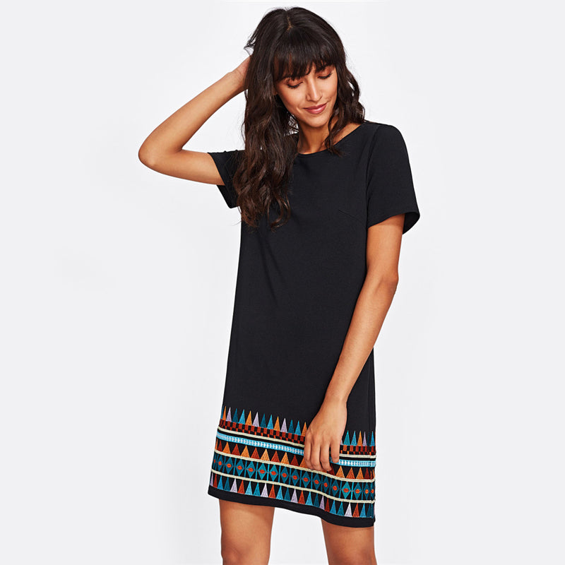 Doren Aztec Embroidered Hem Dress