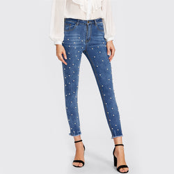 Doren Pearl Beaded Frayed Hem Jeans