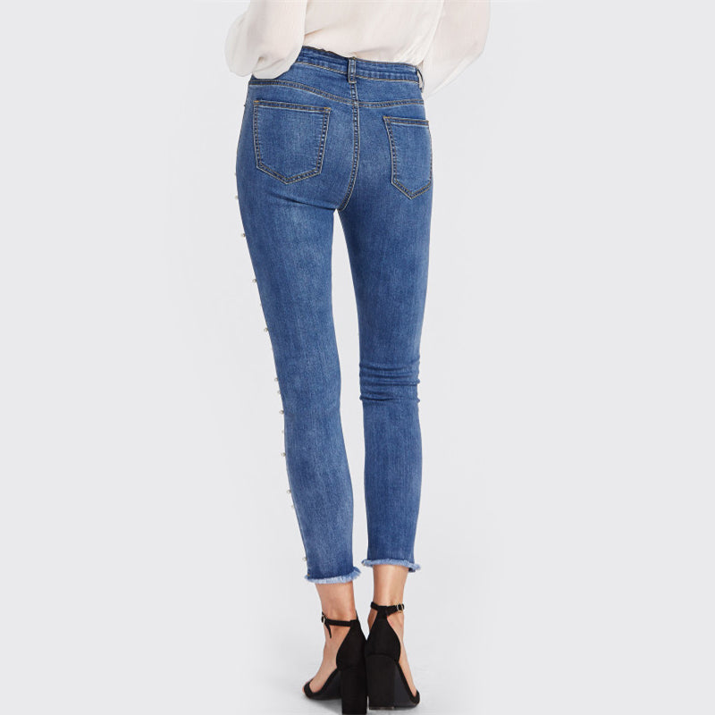 Doren Pearl Beaded Frayed Hem Jeans