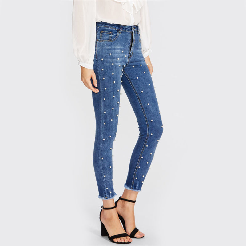 Doren Pearl Beaded Frayed Hem Jeans