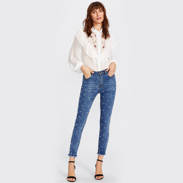 Doren Pearl Beaded Frayed Hem Jeans