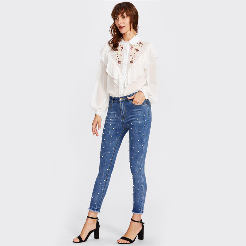 Doren Pearl Beaded Frayed Hem Jeans