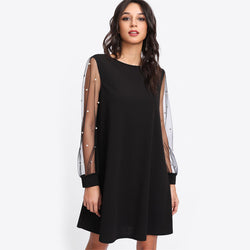 Doren Pearl Beading Mesh Sleeve Dress