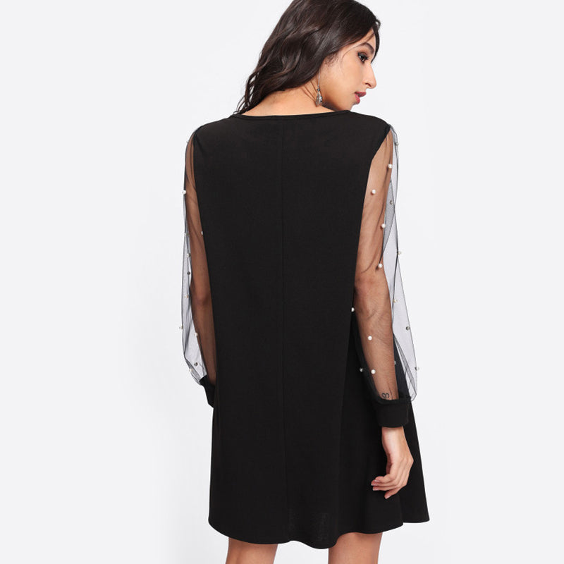 Doren Pearl Beading Mesh Sleeve Dress