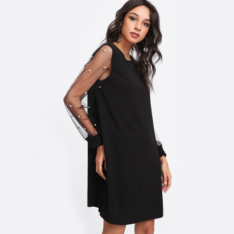 Doren Pearl Beading Mesh Sleeve Dress