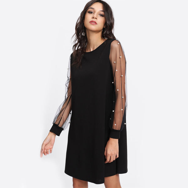 Doren Pearl Beading Mesh Sleeve Dress