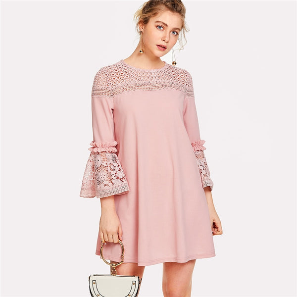 Doren Eyelet Crochet Lace Detail Frill Trim Dress