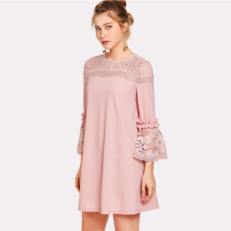 Doren Eyelet Crochet Lace Detail Frill Trim Dress