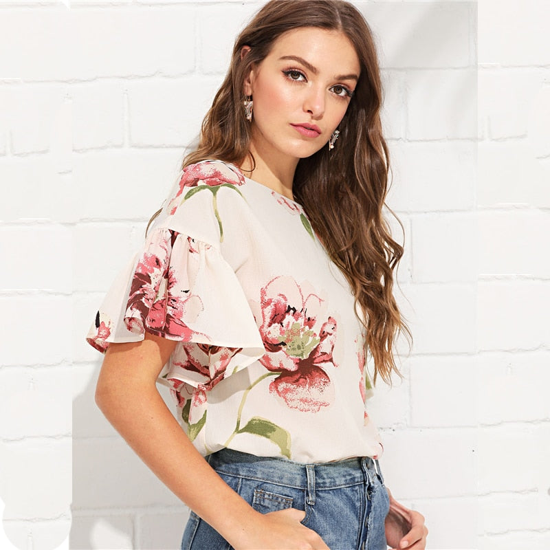 Doren Ruffle Sleeve Keyhole Back Floral Top