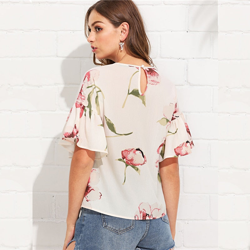 Doren Ruffle Sleeve Keyhole Back Floral Top