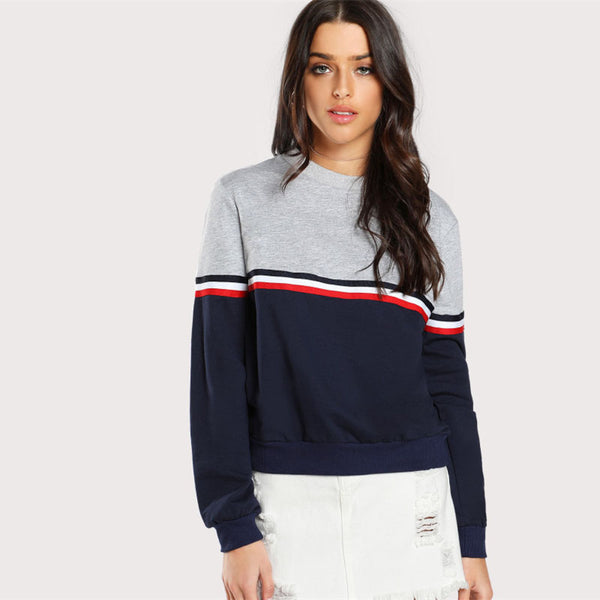 Doren Striped Woven Tape Detail Two Tone Sweatshirt