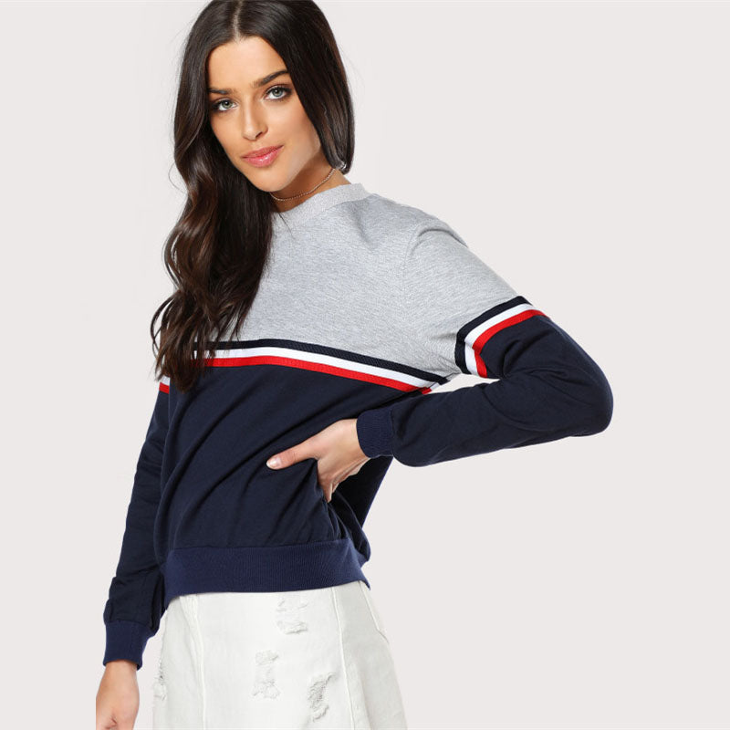 Doren Striped Woven Tape Detail Two Tone Sweatshirt