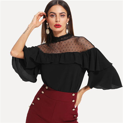 Doren Dot Mesh Insert Keyhole Back Flounce Blouse