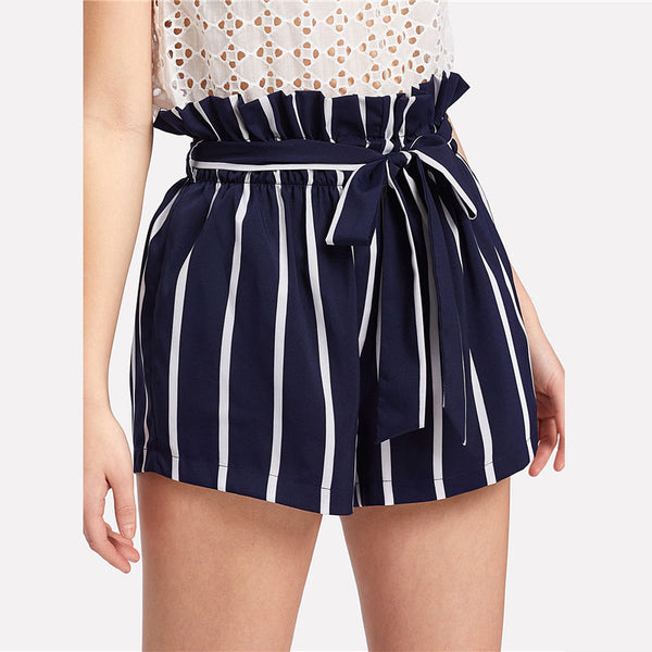 Doren Belted Ruffle Waist Striped Shorts