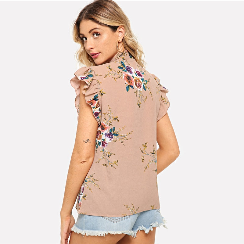 Doren Flounce Shoulder Tied Neck Floral Blouse