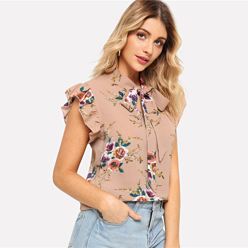 Doren Flounce Shoulder Tied Neck Floral Blouse