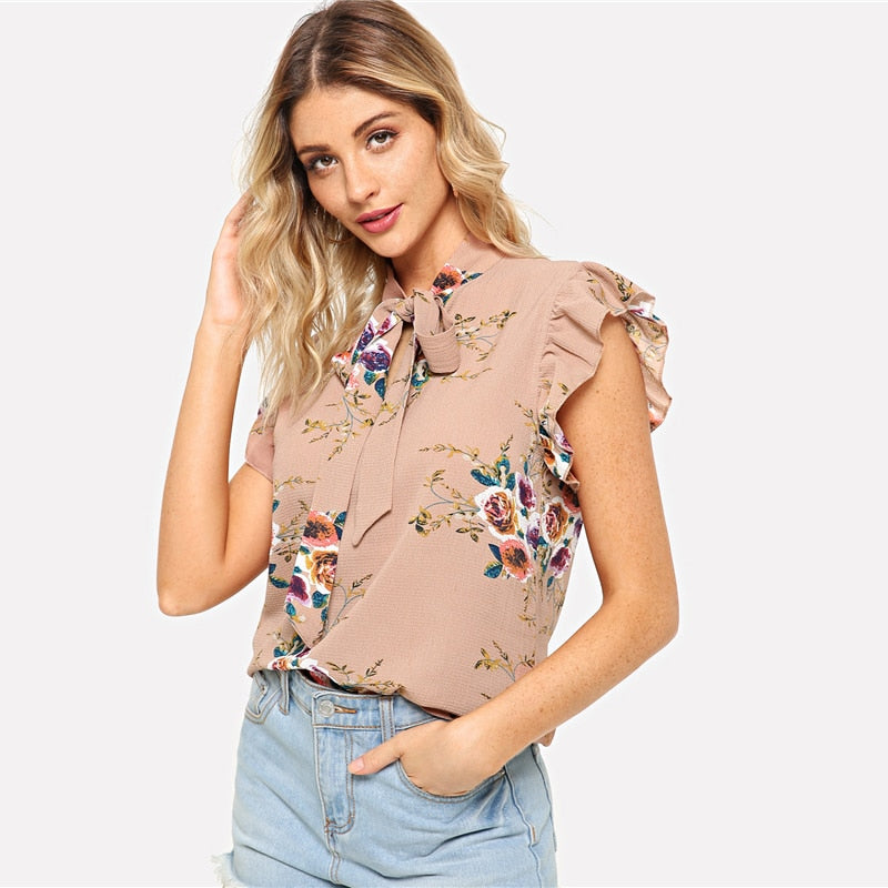 Doren Flounce Shoulder Tied Neck Floral Blouse