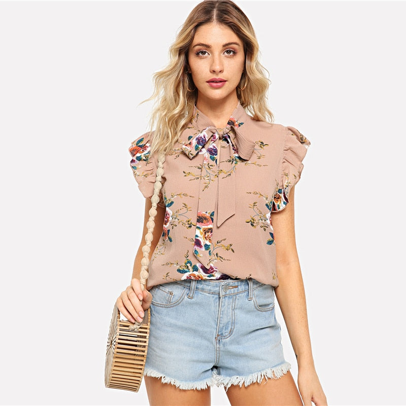 Doren Flounce Shoulder Tied Neck Floral Blouse