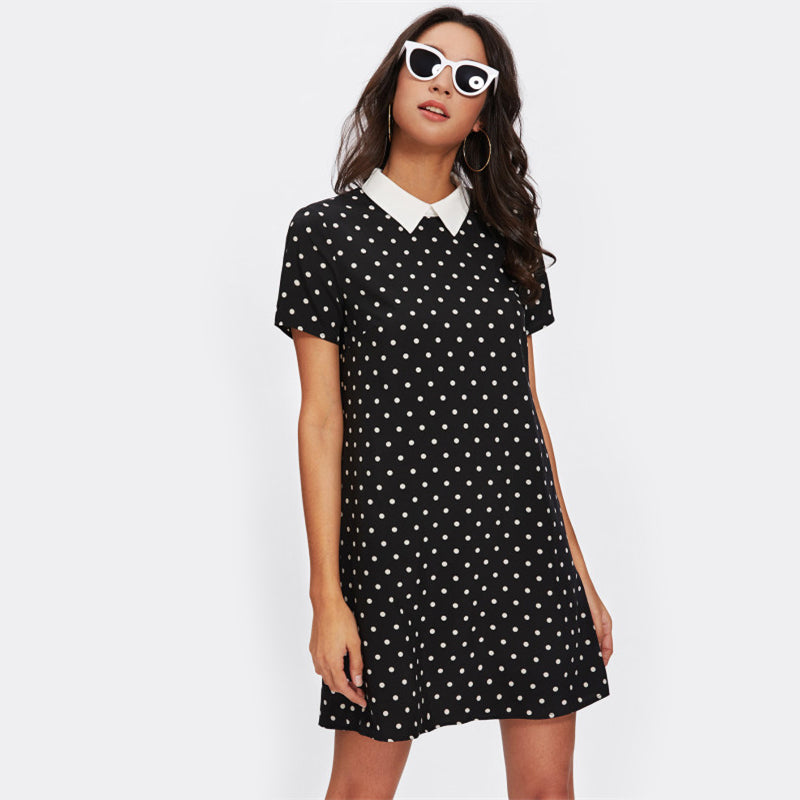 Doren Contrast Collar Polka Dot Dress