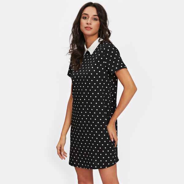 Doren Contrast Collar Polka Dot Dress