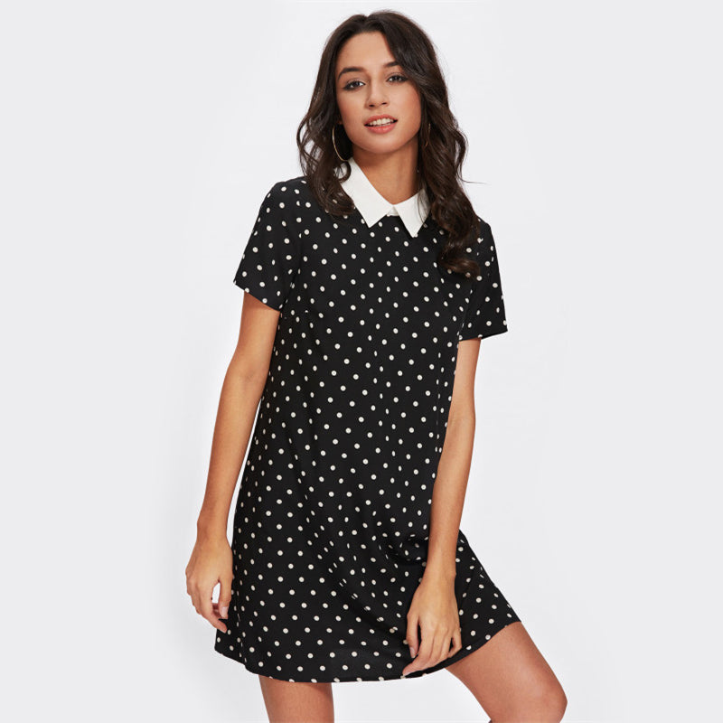 Doren Contrast Collar Polka Dot Dress