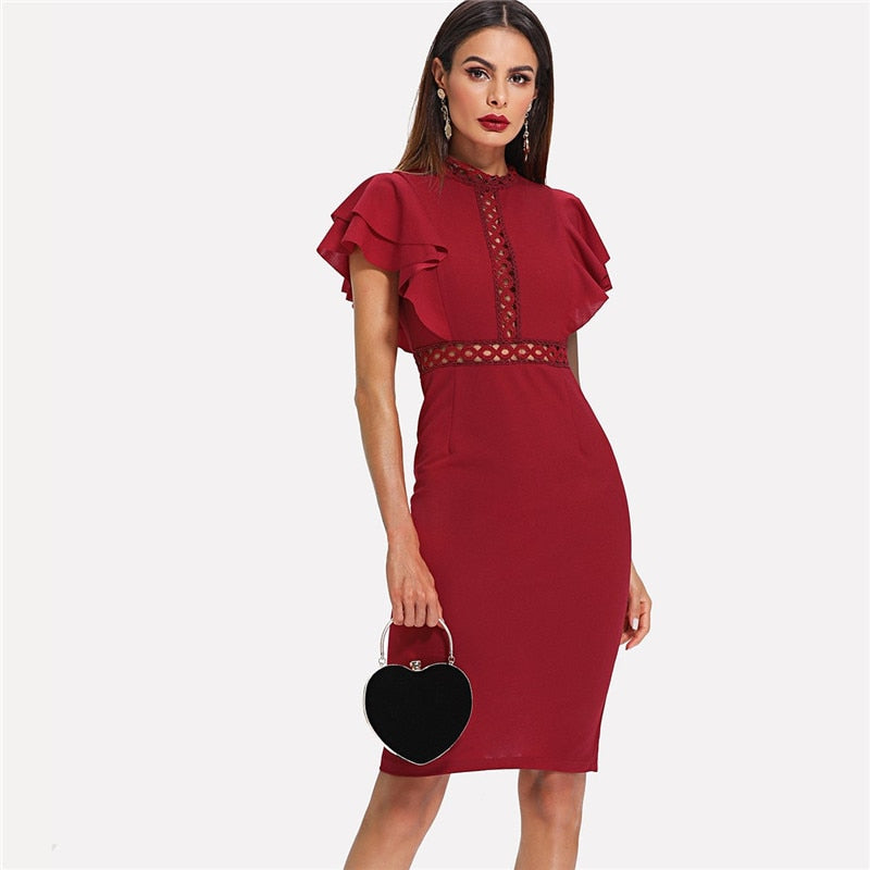 Doren Eyelet Lace Insert Exaggerate Flounce Sleeve Dress