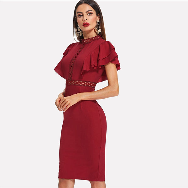 Doren Eyelet Lace Insert Exaggerate Flounce Sleeve Dress