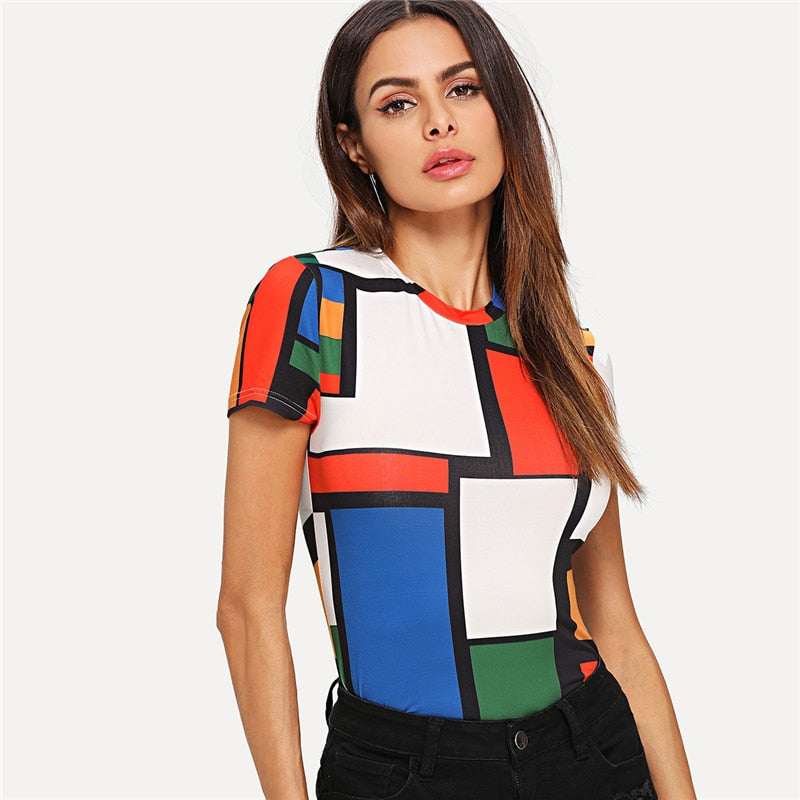 Doren Geometric Print Color Block Top