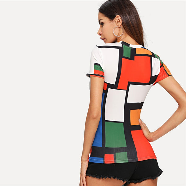 Doren Geometric Print Color Block Top