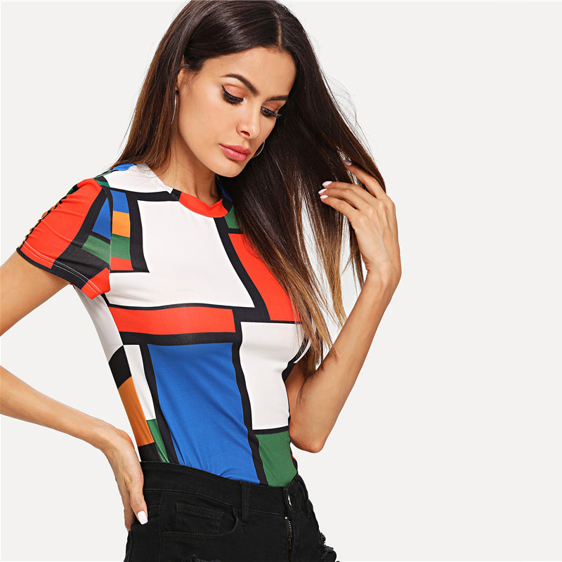 Doren Geometric Print Color Block Top