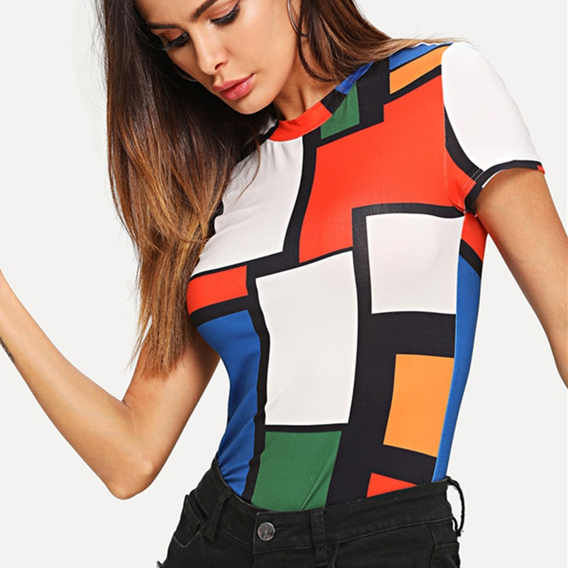 Doren Geometric Print Color Block Top