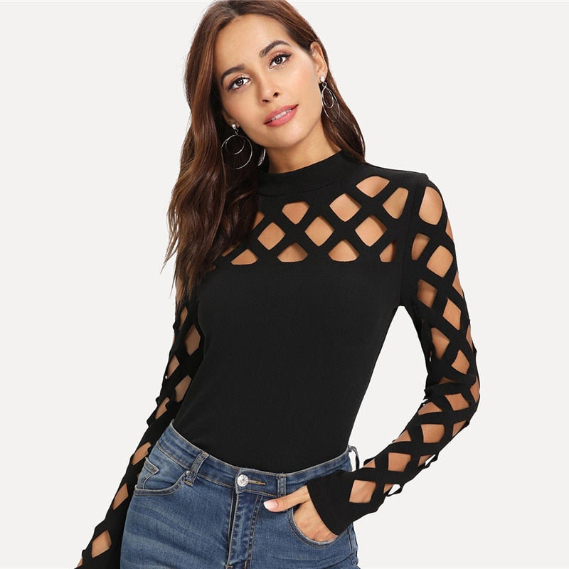 Doren Square Cutout Shoulder Fitted Tee